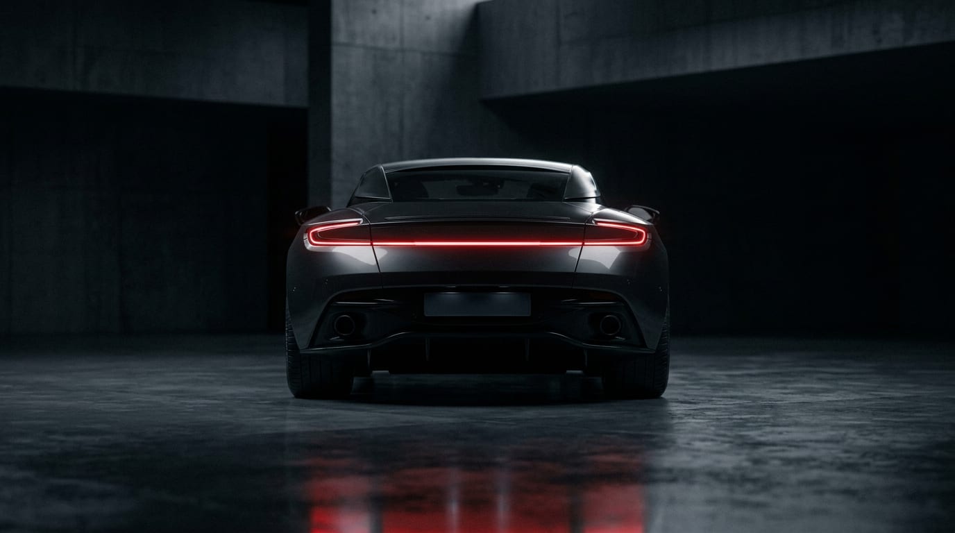 Rear of a luxury performance car in a dark studio with a single thin taillight line