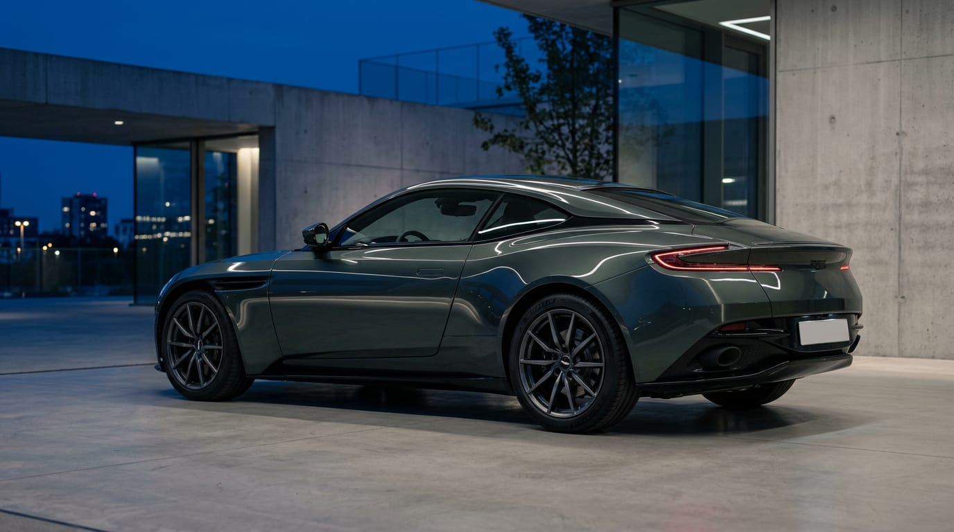 Dark green-grey luxury coupe with flowing reflections parked beside a concrete building at blue hour