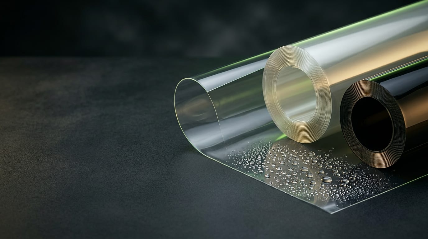 Rolls of clear paint protection film and dark window film with water beading on the surface