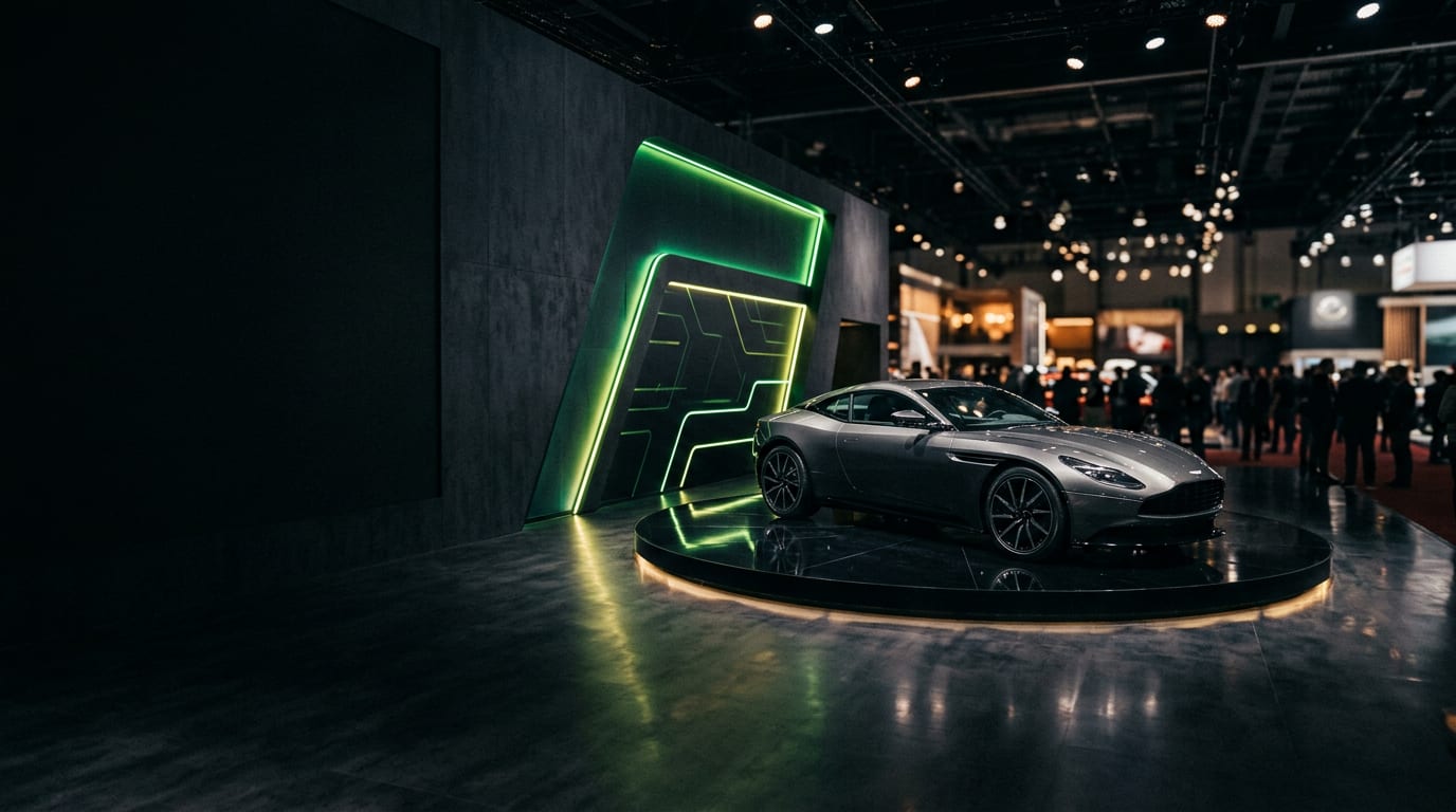 A graphite grand tourer on a lit display platform inside a dark trade show exhibit with green edge lighting
