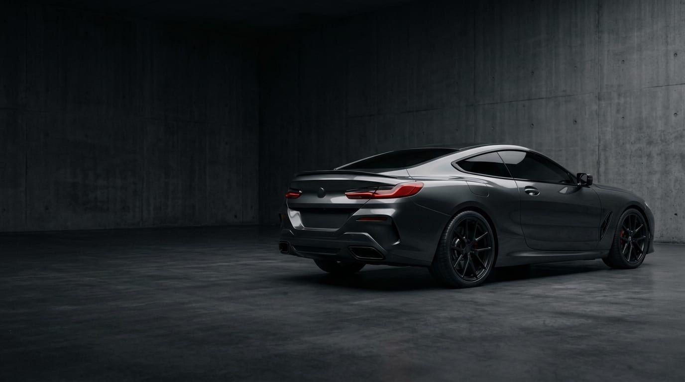 Low rear three-quarter view of a graphite luxury coupe in a dark concrete studio