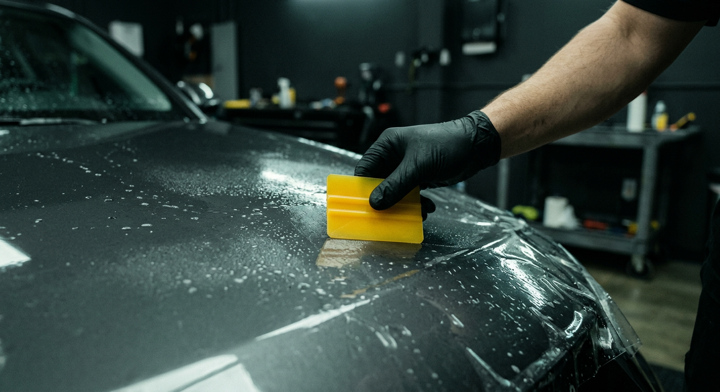 Gloved installer pressing a flat yellow PPF squeegee across transparent film on a graphite car hood