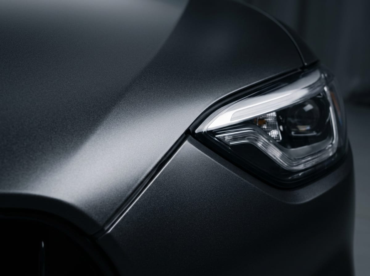 Macro detail of a satin charcoal vehicle surface beside a precise panel gap